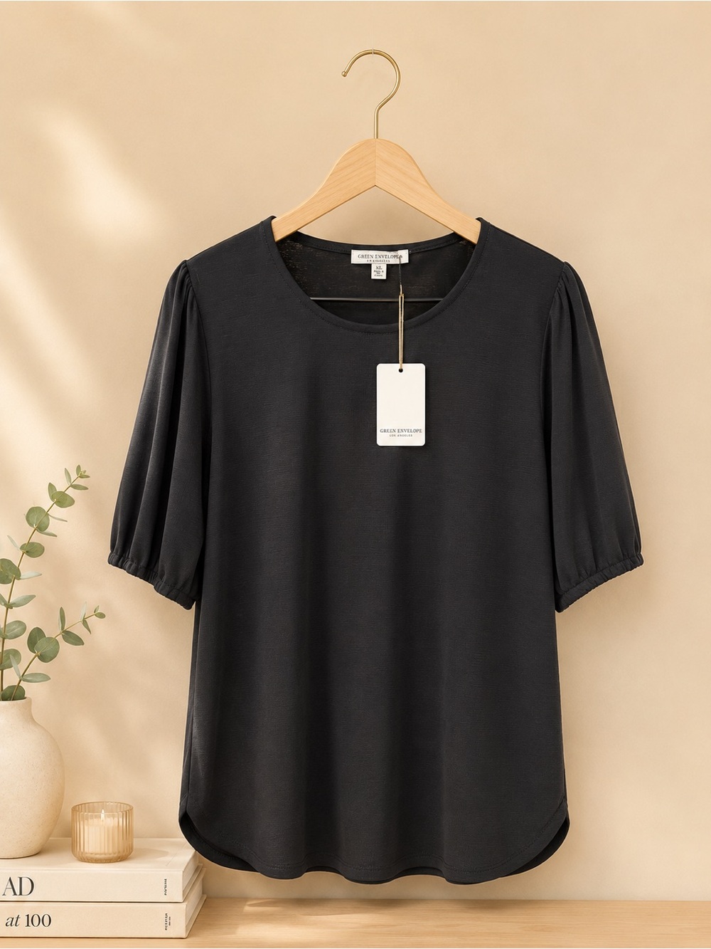 Green Envelope Black Puff Sleeve Crewneck womenTop- Basic and Chic!! ✨